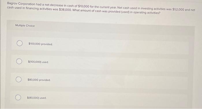  Bagrov Corporation had a net decrease in cash of $10,000 for