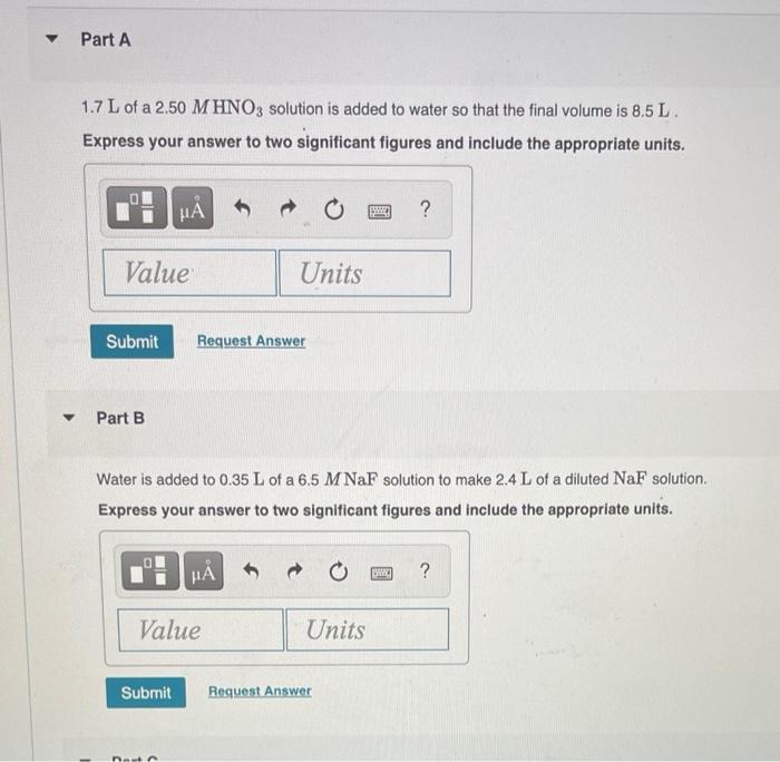 Hint(s) M ? V2 = Value Units Submit Part A 986 ml