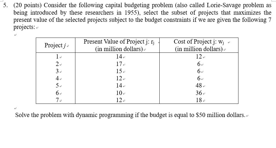 5. (20 points) Consider the following capital budgeting problem (also called Lorie-Savage