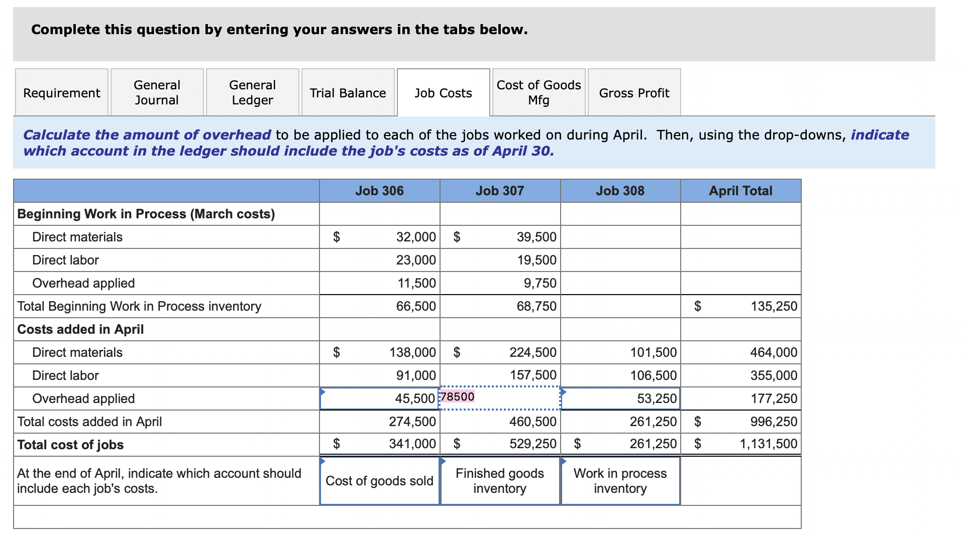 materials (in March) Direct labor (in March) Applied overhead (March) Costs during