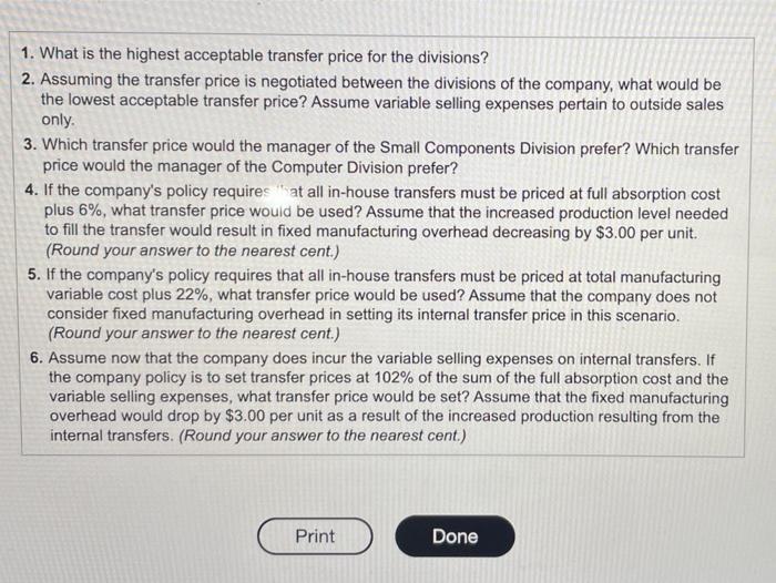 3. Which transfer price would the manager of the Small Components Division