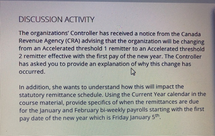  DISCUSSION ACTIVITY The organizations' Controller has received a notice from the