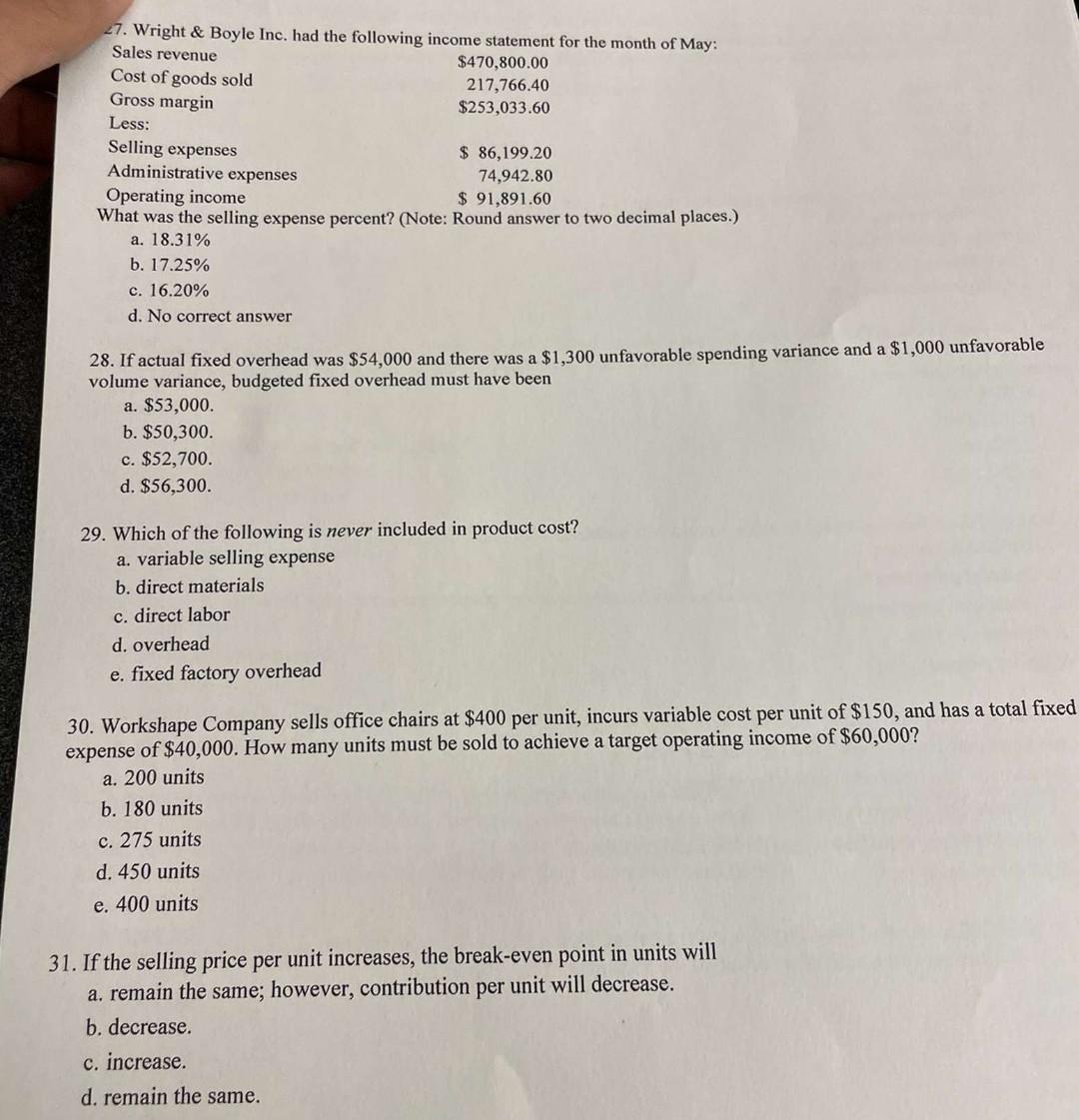 27. Wright & Boyle Inc. had the following income statement for