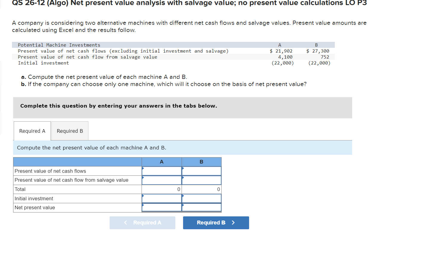  QS 26-12(Algo) Net present value analysis with salvage value; no present
