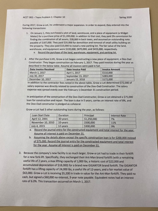  ACCT 302 - Team Problem 1: Chapter 10 Spring 2020 During