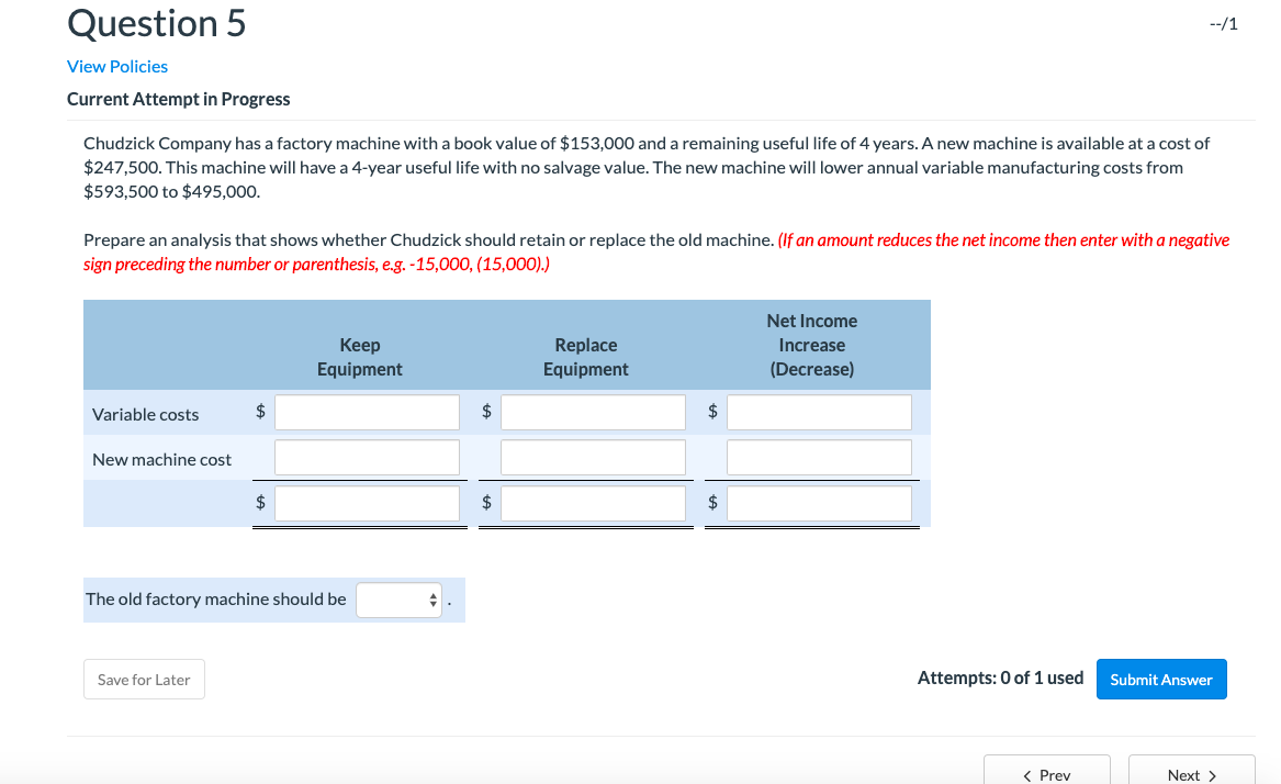  Question 5 --/1 View Policies Current Attempt in Progress Chudzick Company