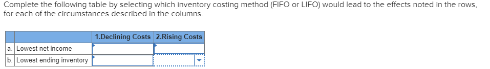  Complete the following table by selecting which inventory costing method (FIFO