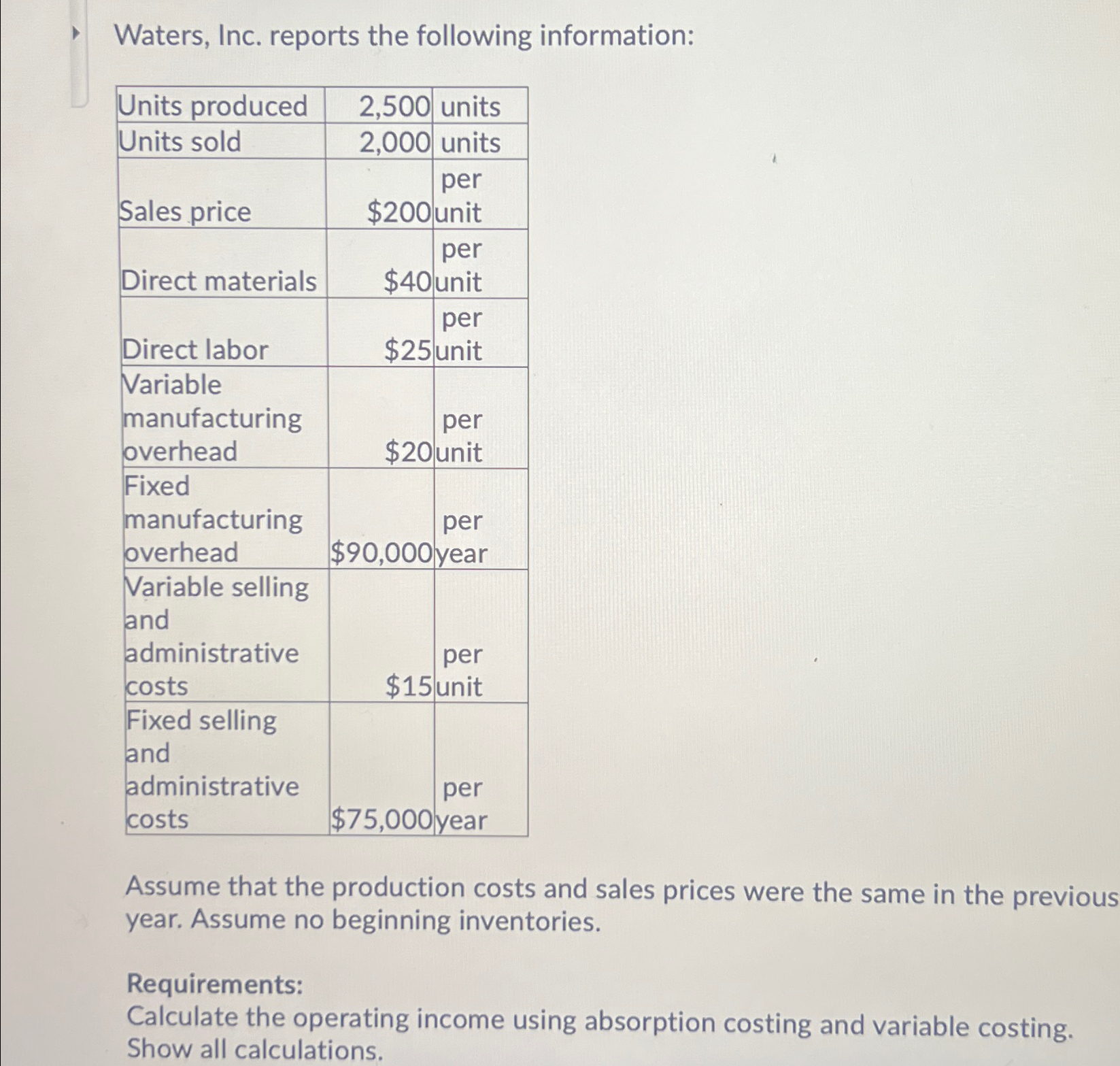  Waters, Inc. reports the following information: \table[[Units produced,2,500 units],[Units sold,2,000 units],[Sales