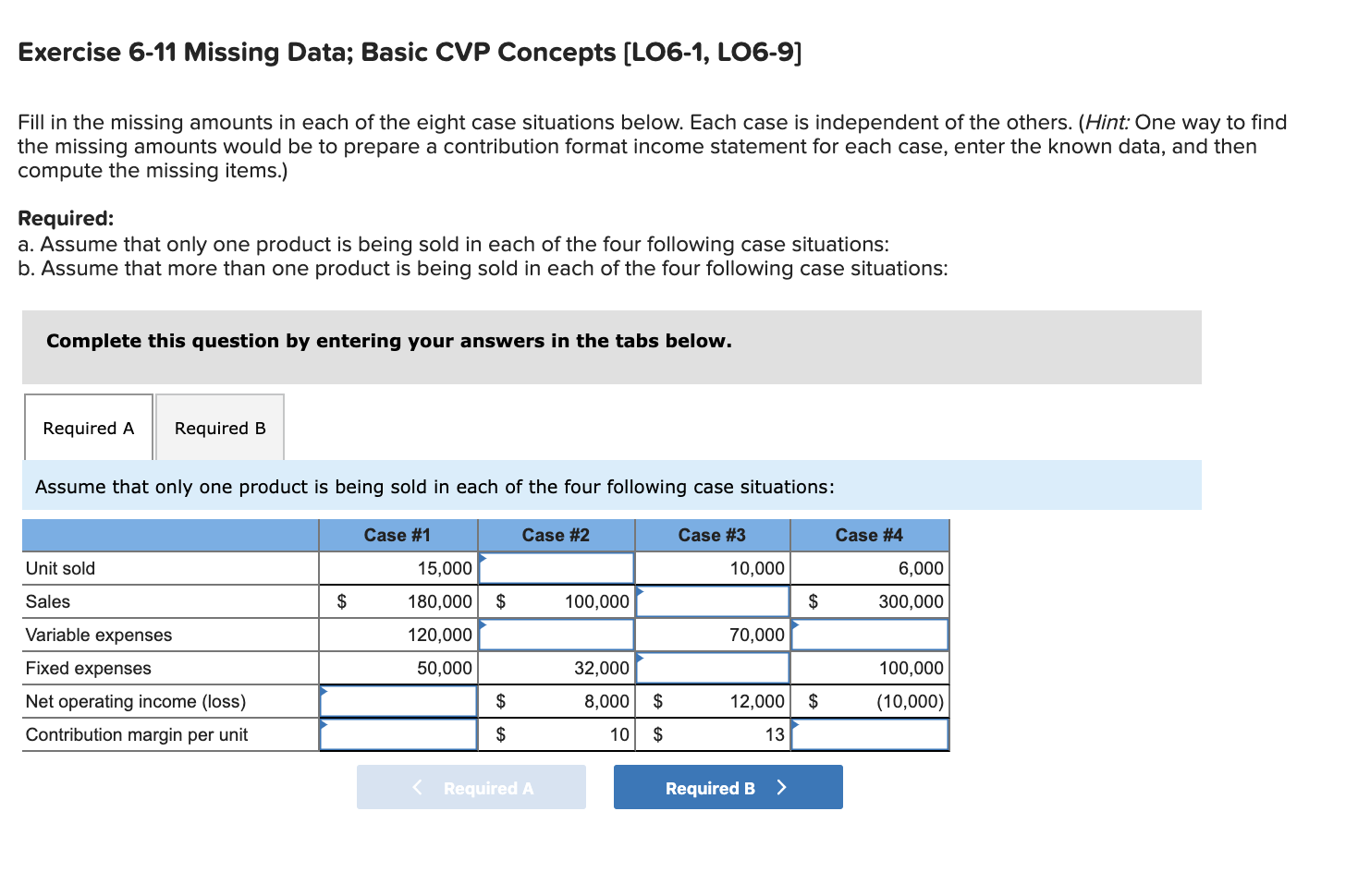 Exercise 6-11 Missing Data; Basic CVP Concepts (LO6-1, LO6-9] Fill in