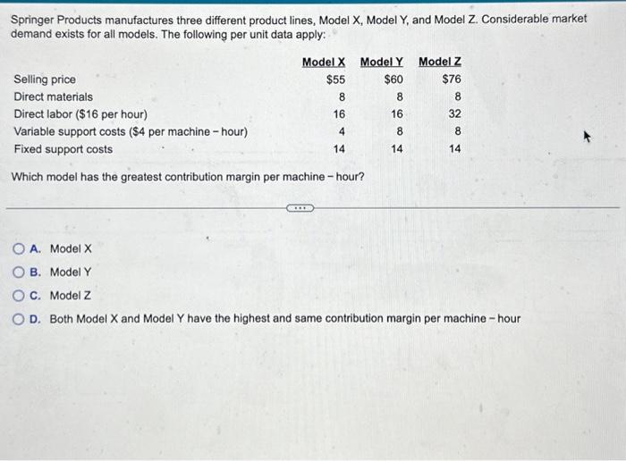  Springer Products manufactures three different product lines, Model X, Model Y,