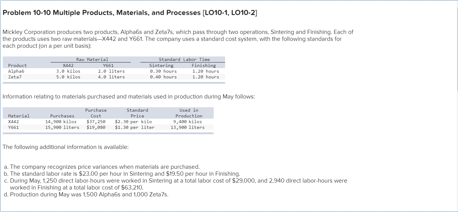  Problem 10-10 Multiple Products, Materials, and Processes [LO10-1, LO10-2] Mickley Corporation