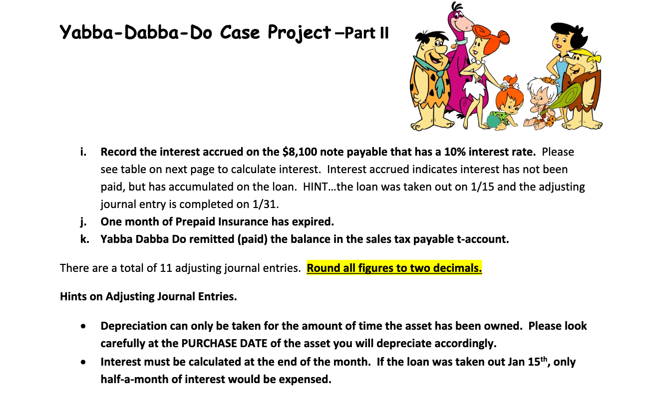 FOR ADJUSTING JOURNAL ENTRY HELP!!! Yabba-Dabba-Do Case Project -Part II REQUIREMENTS: 1.
