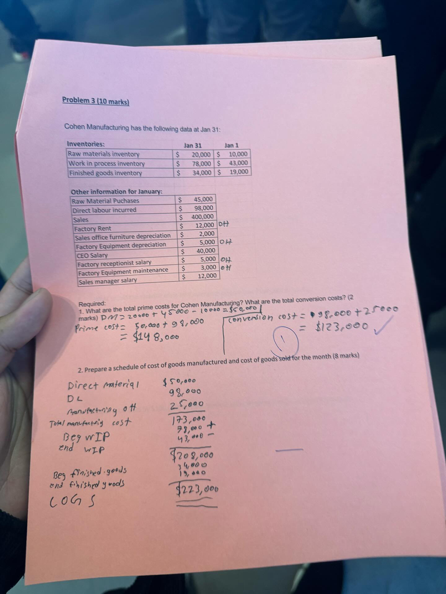  Problem 3(10 marks) Cohen Manufacturing has the following data at Jan