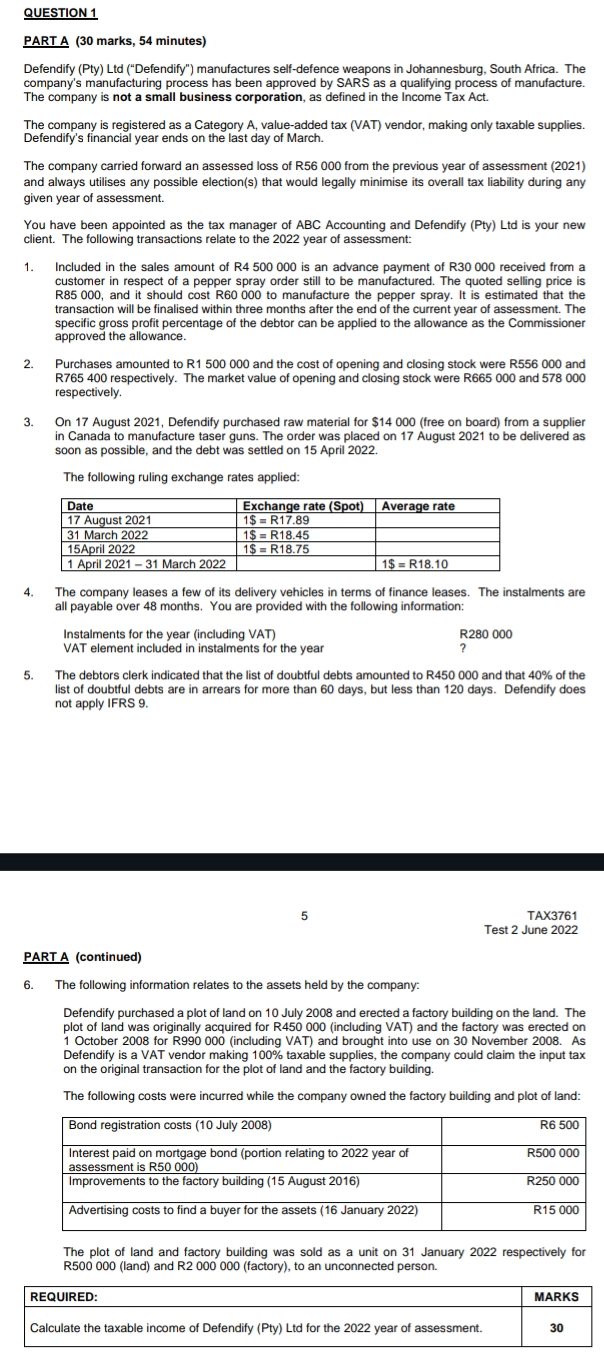  QUESTION 1 PART A (30 marks, 54 minutes) Defendify (Pty) Ltd