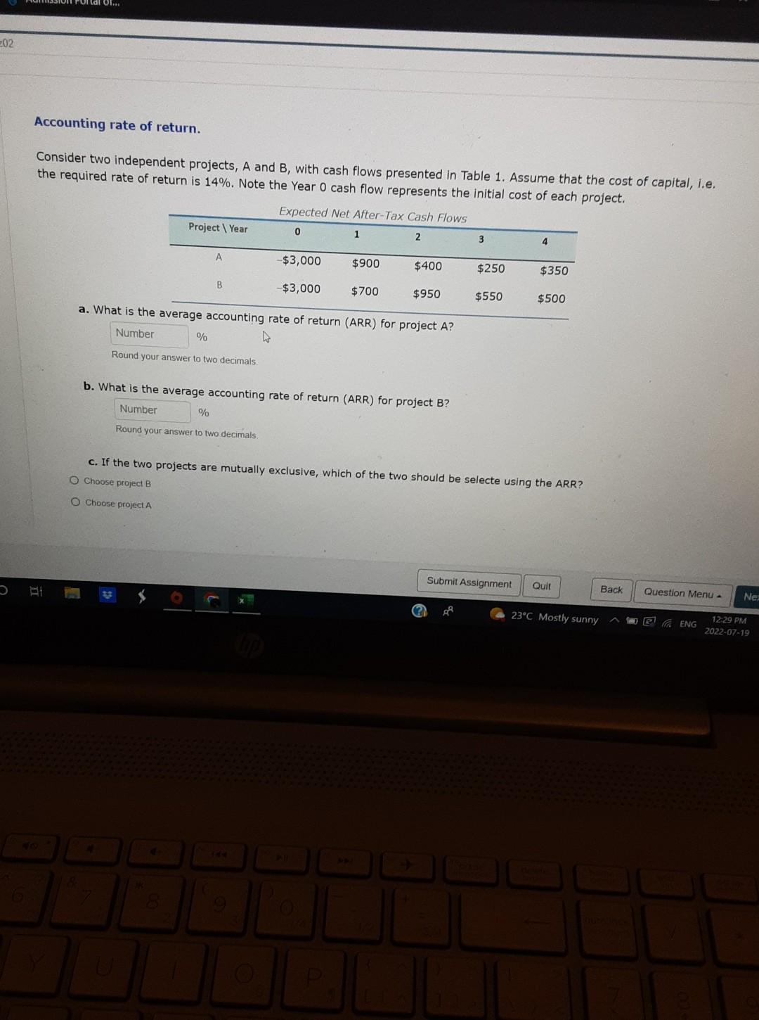all steps Consider two independent projects, A and B, with cash