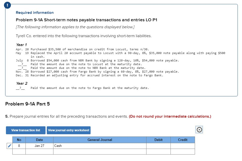 Required information Problem 9-1A Short-term notes payable transactions and entries LO