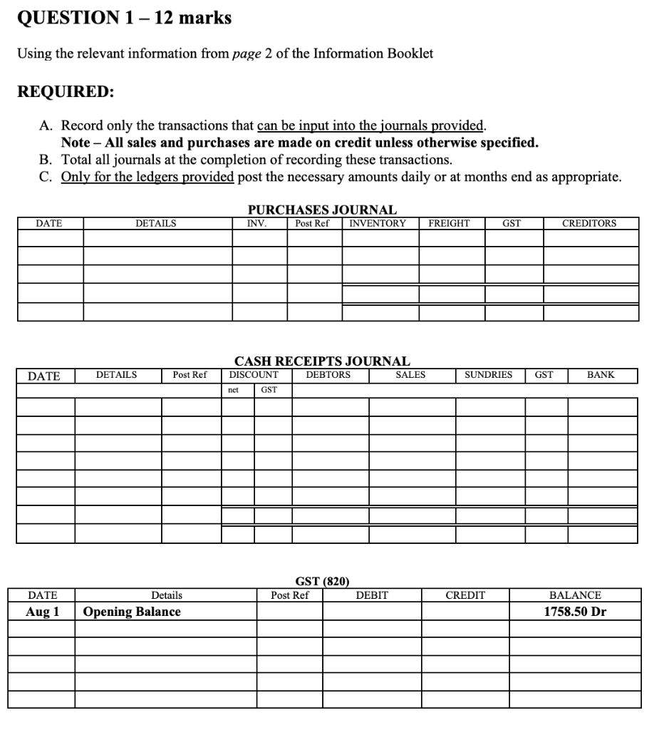  QUESTION 1 - 12 marks Using the relevant information from page