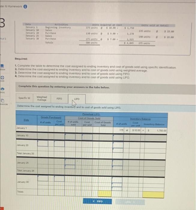 for specific identification ending inventory consists of 275 units from the January