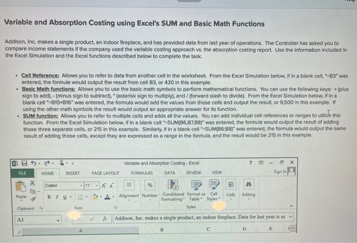  Variable and Absorption Costing using Excel's SUM and Basic Math Functions