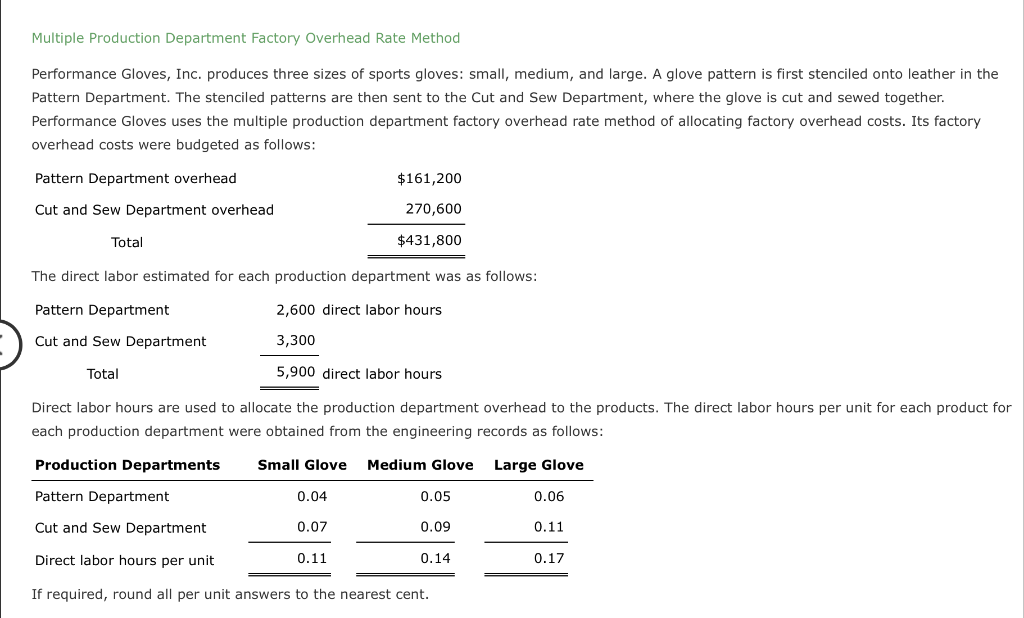 Multiple Production Department Factory Overhead Rate Method Performance Gloves, Inc. produces