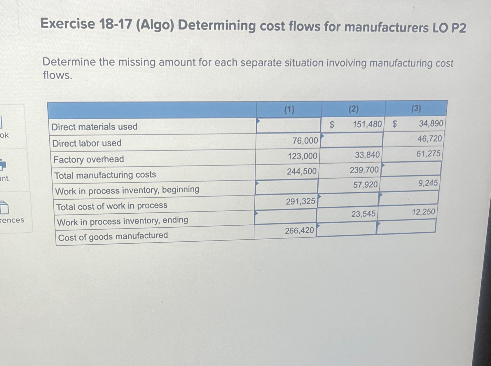  Exercise 18-17(Algo) Determining cost flows for manufacturers LO P2 Determine the