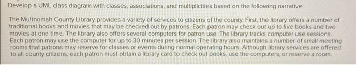 UML class diagram with classes, associations, and multiplicities based on the following