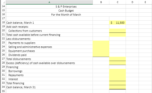 a cash budget for March. The following information is available. \begin{tabular}{l|l} 23