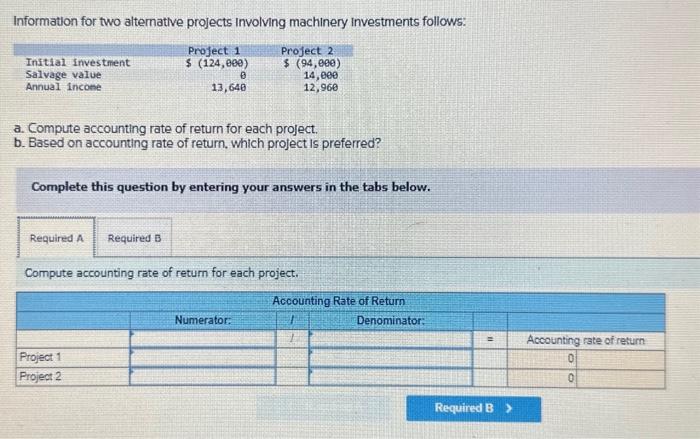 i need help Information for two alternative projects Involving machinery investments follows: