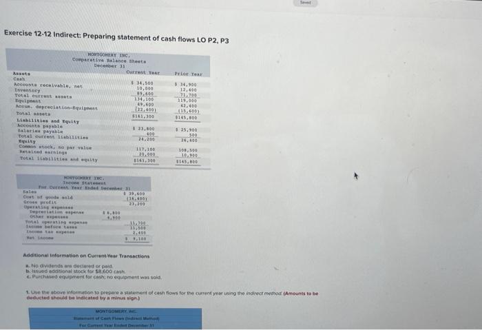 Q4 HELP PLZ dere Exercise 12-12 Indirect: Preparing statement of cash flows