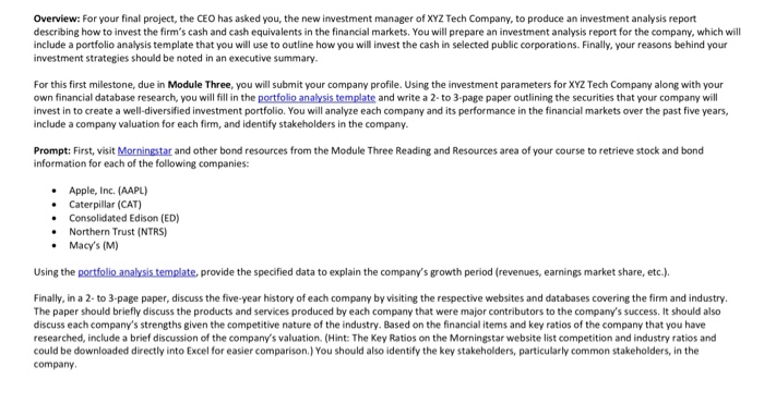  Overview: For your final project, the CEO has asked you, the