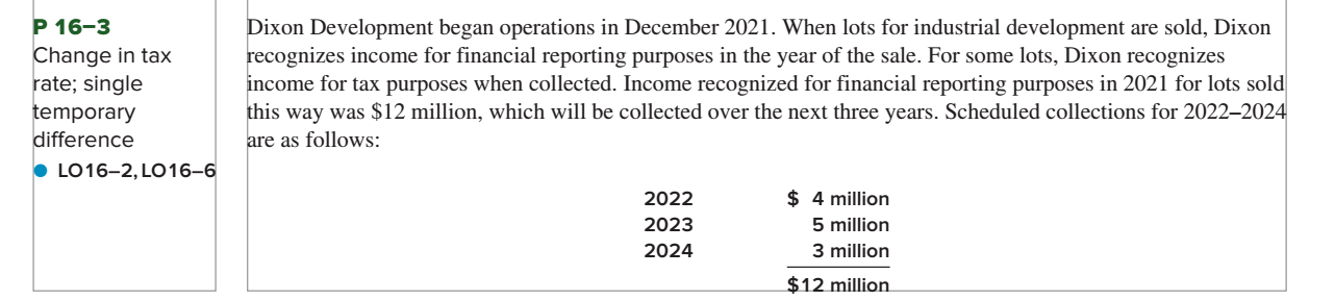  P 16-3 Change in tax rate; single temporary difference LO 16-2,