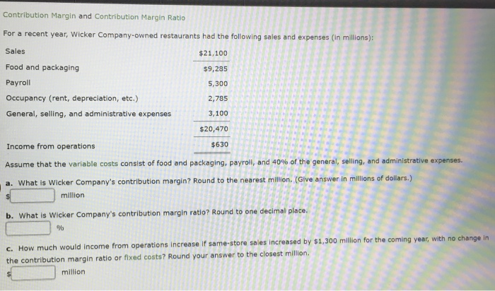  Contribution Margin and Contribution Margin Ratio For a recent year, Wicker