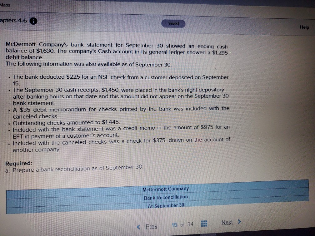  Maps apters 4-6 6 Saved Help McDermott Company's bank statement for