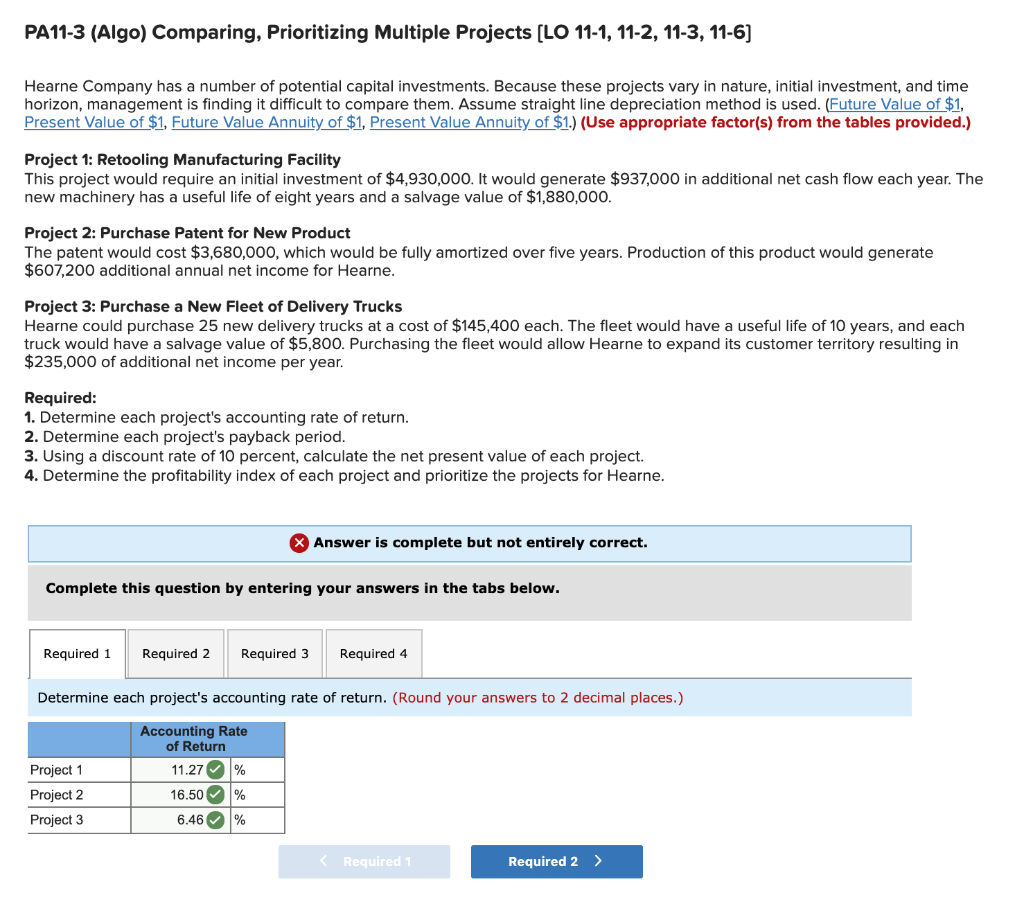 PA11-3 (Algo) Comparing, Prioritizing Multiple Projects (LO 11-1, 11-2, 11-3, 11-6)