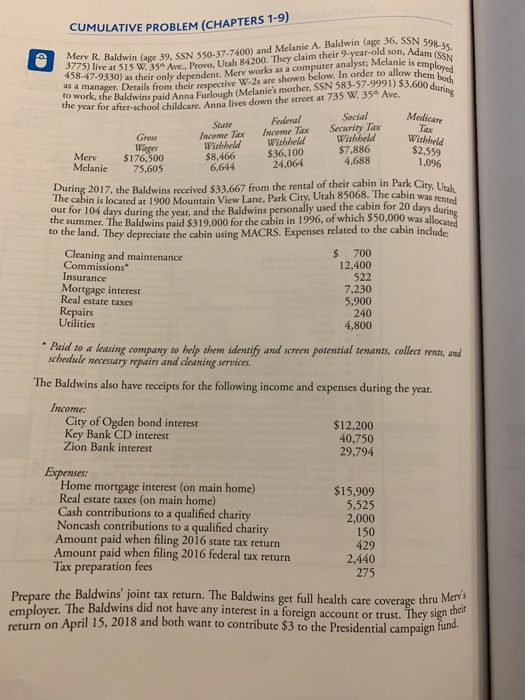  a CUMULATIVE PROBLEM (CHAPTERS 1-9) 3775 Baldwin (age 39, SSN 550-37-7400)