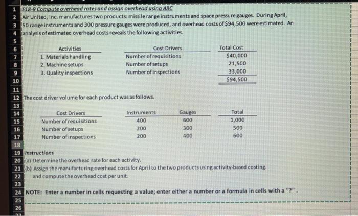  1 E18.9 Compute overhead rates and assign overhead using ABC 2