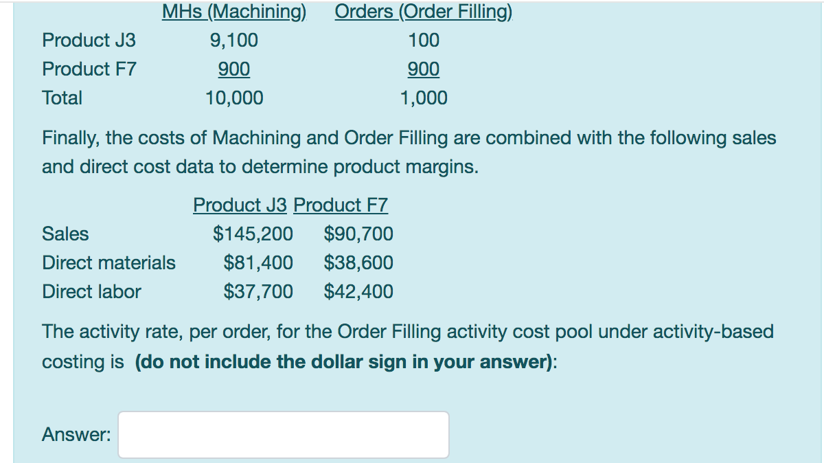 costing system with three activity cost pools - Machining, Order Filling, and
