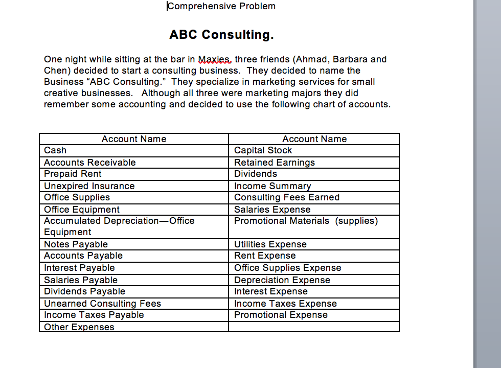  Comprehensive Problem ABC Consulting. One night while sitting at the bar