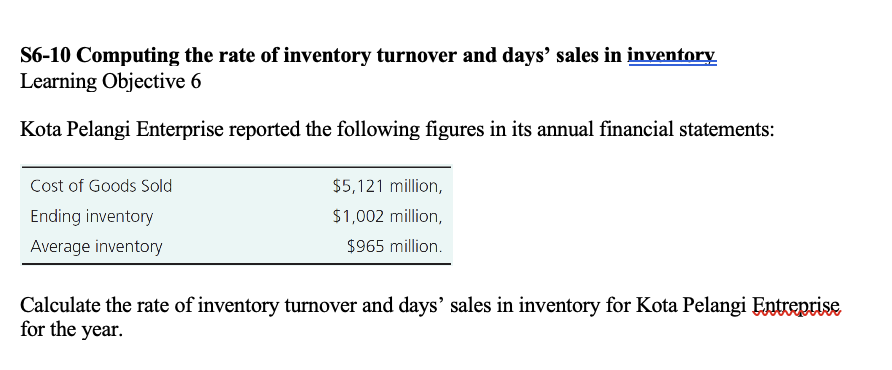  S6-10 Computing the rate of inventory turnover and days' sales in
