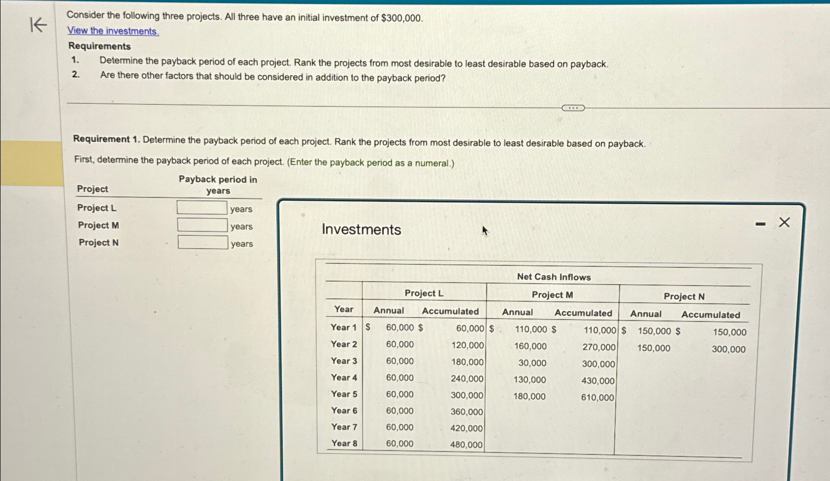  Consider the following three projects. All three have an initial investment