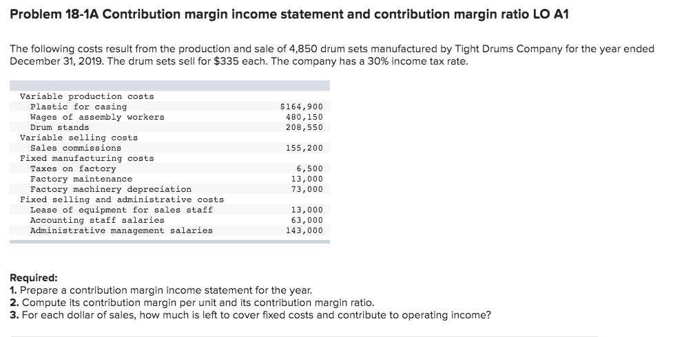  Problem 18-1A Contribution margin income statement and contribution margin ratio LO