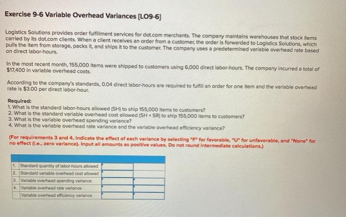  Exercise 9-6 Variable Overhead Variances (LO9-6] Logistics Solutions provides order fulfillment