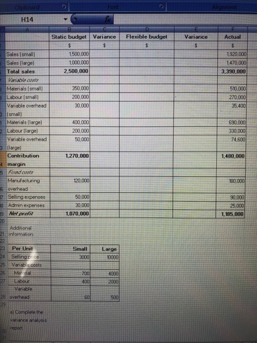  Clipboard Font Alignment H14 A D Static budget Variance Flexible budget