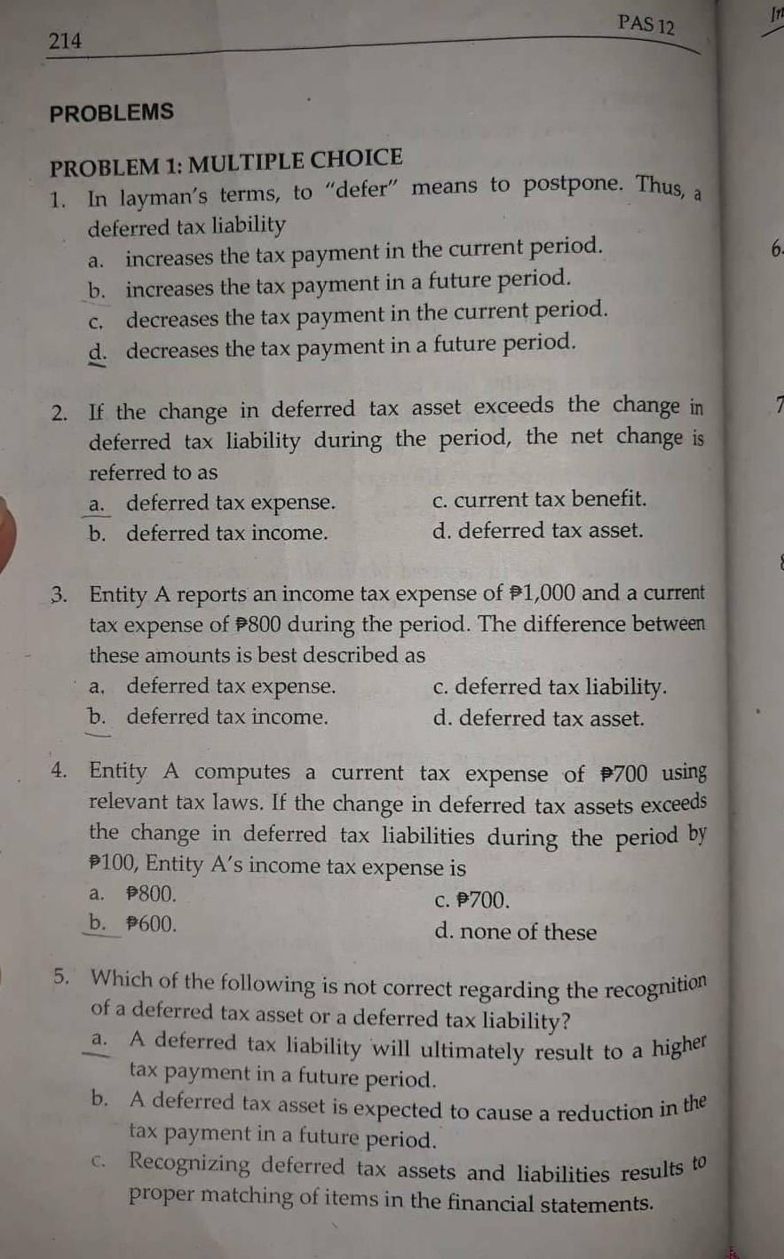 multiple choice accounting PAS12 PAS 12 a. C. Recognizing deferred tax assets