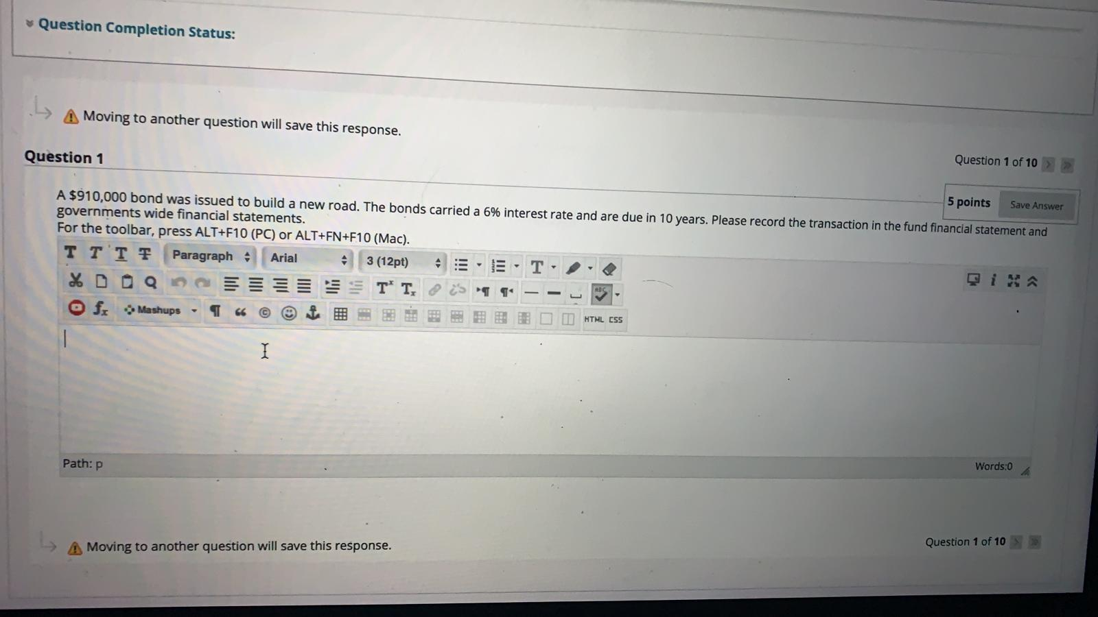 Governmental Accounting Question Completion Status: Moving to another question will save this