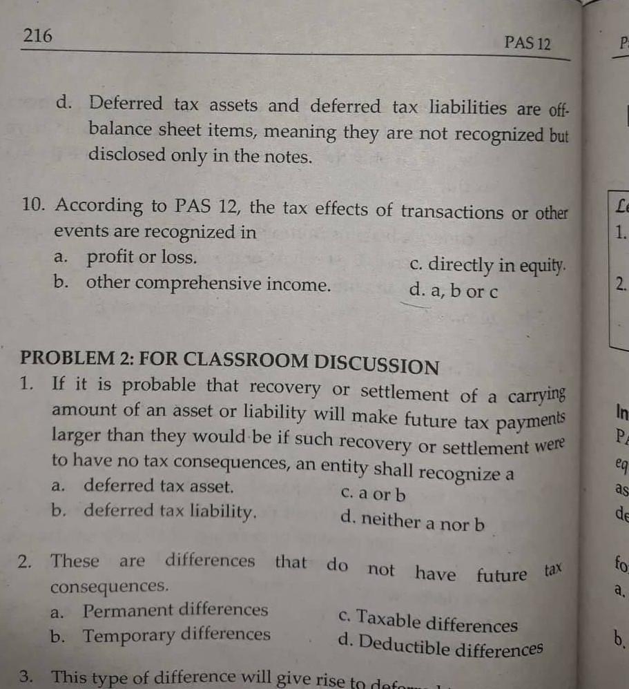 multiple choice accounting PAS12 216 PAS 12 . d. Deferred tax assets