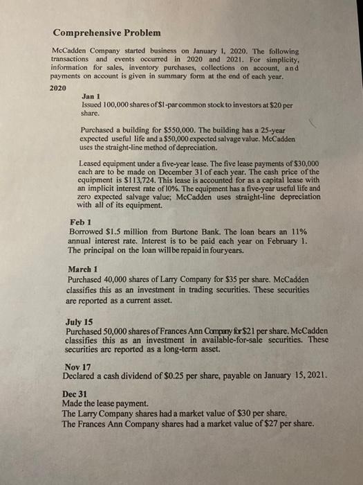 please help !! Comprehensive Problem McCadden Company started business on January 1,