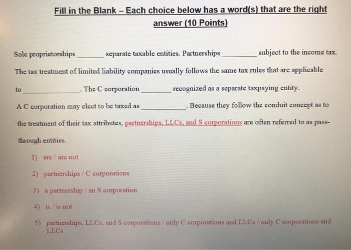  Fill in the Blank - Each choice below has a word(s)