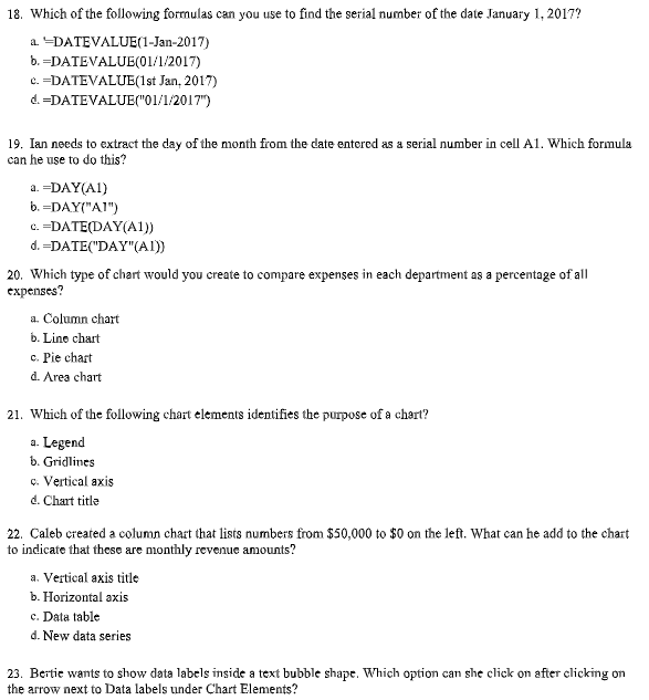  a. Axis Titles b. Chart Titles c. Legend d. Data Labels