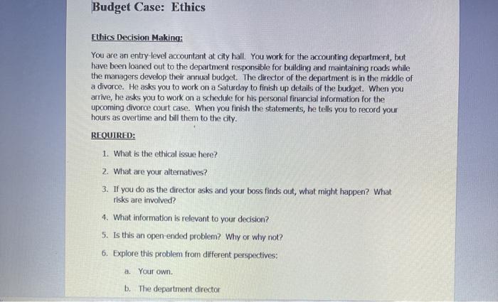  Budget Case: Ethics Ethics Decision Making: You are an entry level